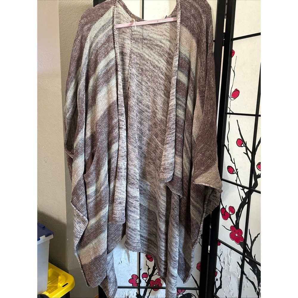 Free People M Brown Beige Striped Knit Cape Open Front Wrap Sweater Pockets